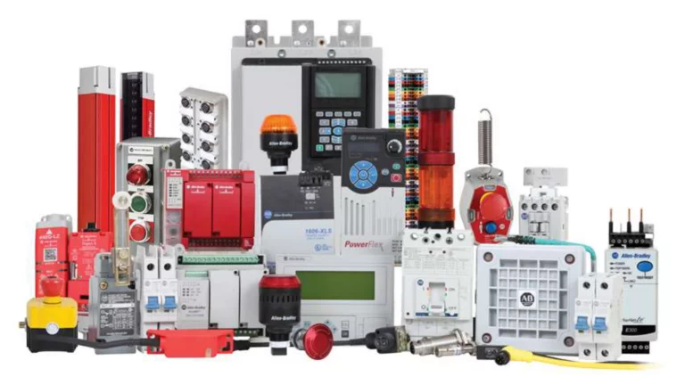 A lineup of genuine Allen-Bradley hardware, including a PowerFlex drive, safety relays, PLC I/O modules, a stack light, sensors and contactors