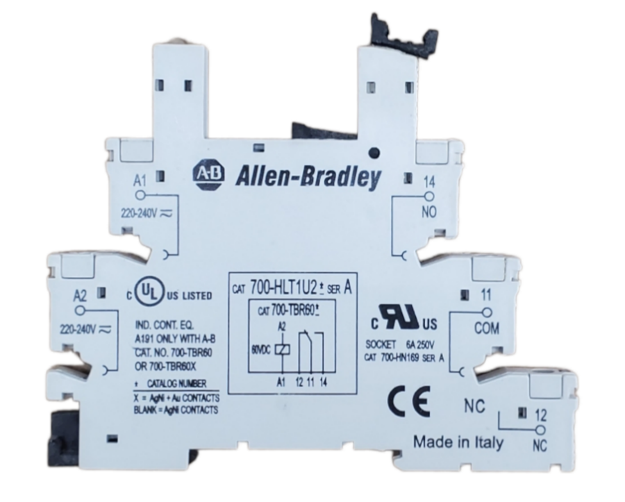 Allen-Bradley 700-HLT relay socket base nameplate showing the catalogue number, wiring diagram, UL/CE certification marks and country of origin