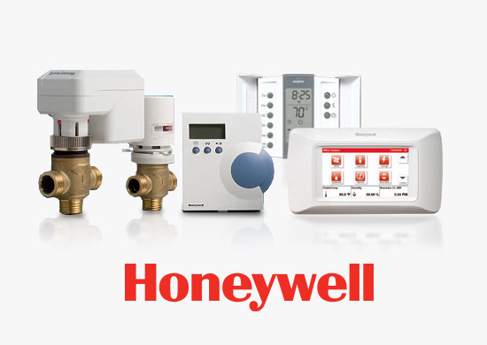 A lineup of genuine Honeywell hardware, including zone valve actuators, a thermostat controller, a digital thermostat and a touchscreen control panel