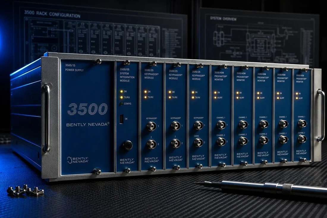 Bently Nevada 3500 machinery protection rack with monitor and Keyphasor modules