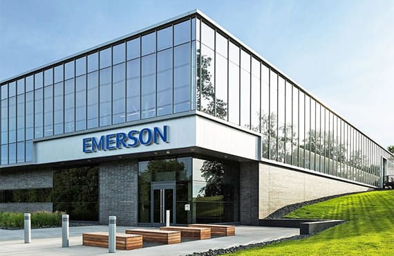 Emerson corporate office building with illuminated Emerson signage
